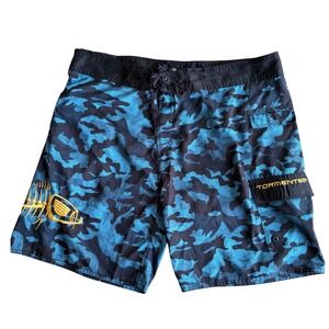 Tormenter Mens Board Shorts Blue Camo Fish Skeleton Embroidered Cargo Size 44